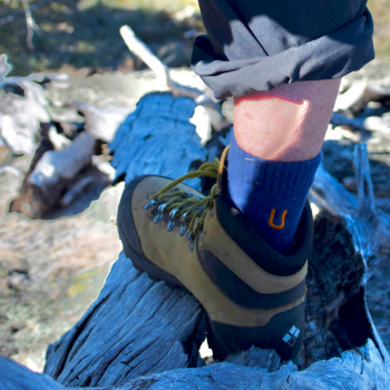 Close-up of a hiking boot and blue U-branded sock resting on a weathered log in a bush setting